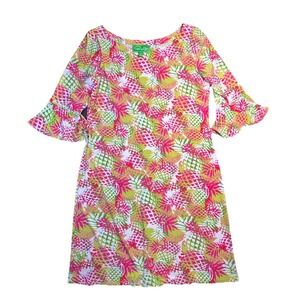 Pappagallo Pineapple Print Shift Dress Womens M Pink Green Bell Sleeve Tropical